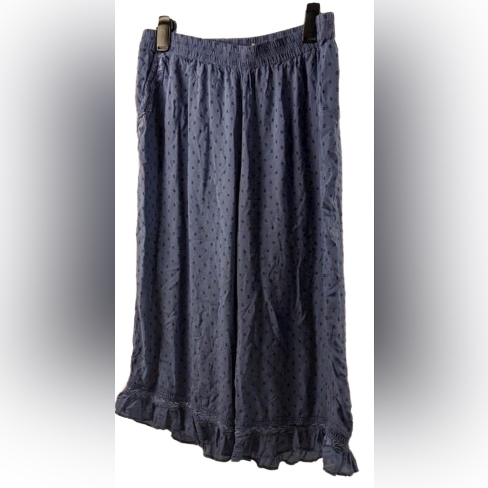 Anthropologie Cropped Flowy Ruffle Wide Leg Hemmed Pants Blue Size Large